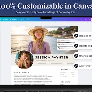 May include: A laptop screen displays a customizable Canva template. The template features a travel blogger's profile with a photo, social media stats, and the text "100% Customizable in Canva." Options include replacing photos, updating text, and changing colors.