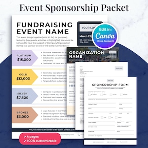 May include: Event sponsorship packet with a fundraising event name. The packet includes sponsorship levels: Platinum, Gold, Silver, and Bronze. It also features a sponsorship form and a Canva edit option.