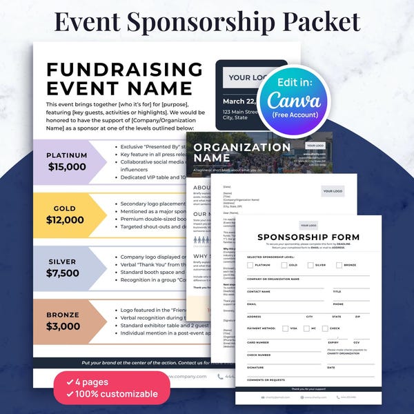 Event Fundraising Sponsorship Packet | One Pager, Event Flyer + Sponsor Levels, Request Letter & Form | Canva