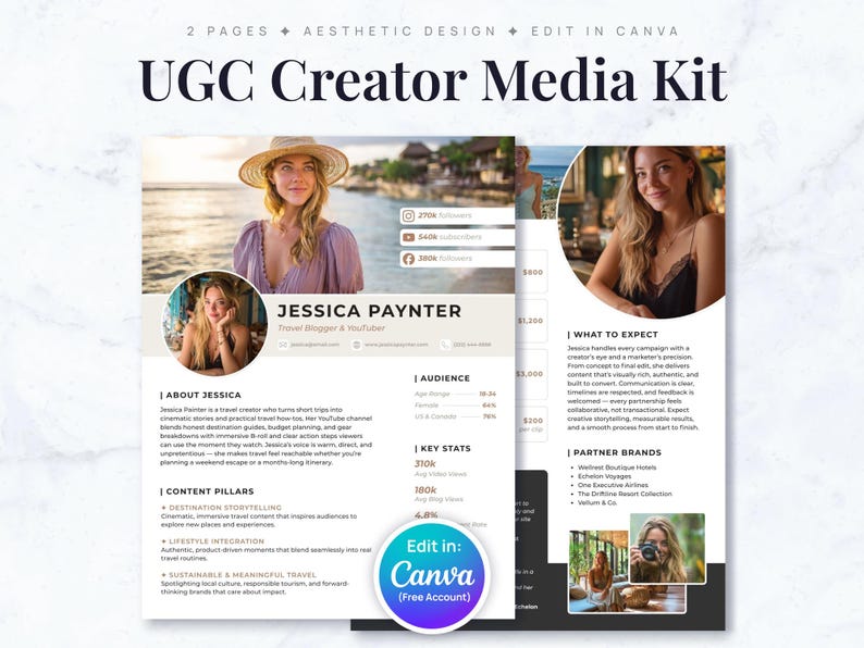 UGC Creator Media Kit & Rate Sheet | 2-Page Canva Template image 1