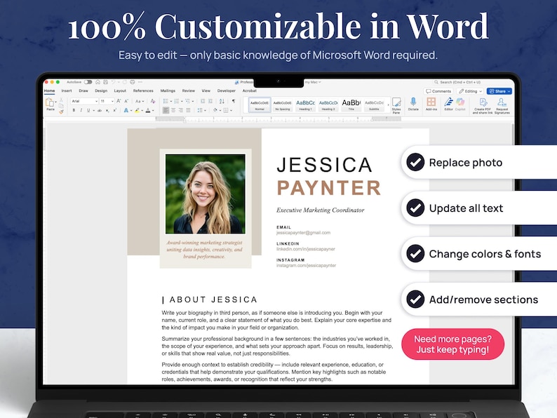 Word Bio Examples Professional Bio Template | Word - Etsy