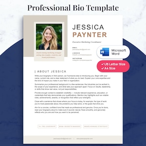 May include: A professional bio template with the title "Professional Bio Template" at the top. The template includes a photo, name, and contact information. It also features a section titled "About Jessica" with instructions on writing a biography.