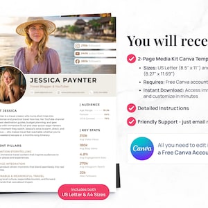 May include: Media kit template for a travel blogger and YouTuber, Jessica Paynter. The template includes a photo of Jessica, key stats, and content pillars. It is available in US Letter (8.5" x 11") and A4 (8.27" x 11.69") sizes. Requires a free Canva account.