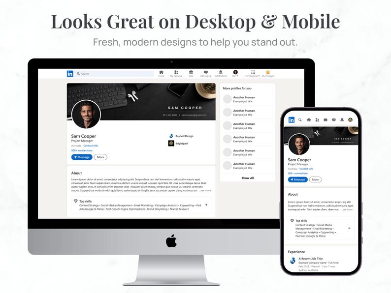 May include: A desktop computer and a smartphone display a LinkedIn profile. The profile features a photo of Sam Cooper, Project Manager, with the text "Looks Great on Desktop & Mobile" and "Fresh, modern designs to help you stand out."