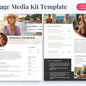 May include: A two-page media kit template with the title "2 Page Media Kit Template". The template features a travel blogger named Jessica Paynter, showcasing her services, audience demographics, and key statistics. The design includes photos and text.