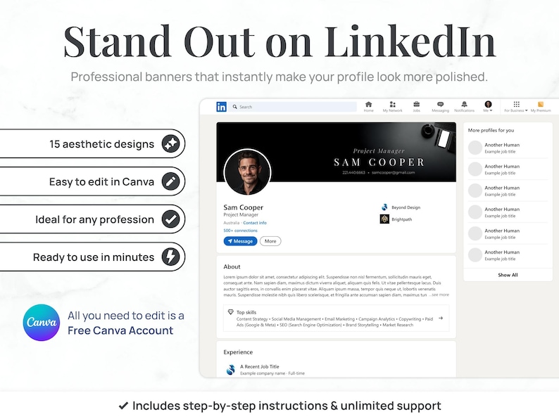 May include: Image promoting LinkedIn profile banners. The design includes a LinkedIn profile example with a professional banner, a photo of Sam Cooper, and text that reads "Stand Out on LinkedIn". Additional text highlights 15 aesthetic designs, easy editing in Canva, and use for any profession.