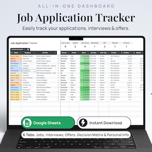 Job Application Tracker, Google Sheets Job Tracker Template for Career Search, Interview Tracker, Job Offer Tracker, Decision Matrix