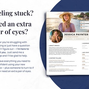 May include: A promotional graphic with text that reads "Feeling stuck? Need an extra pair of eyes?" A headshot of Jessica Paynter, a travel blogger, is featured. The graphic includes key stats and content pillars.
