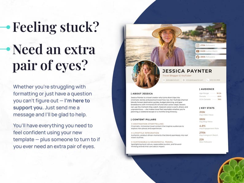 May include: A promotional graphic with text that reads "Feeling stuck? Need an extra pair of eyes?" A headshot of Jessica Paynter, a travel blogger, is featured. The graphic includes key stats and content pillars.