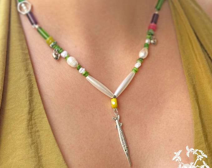 Featured listing image: Handmade Necklace with Freshwater Pearls, Dyed Shell Beads & Fish Pendant – Colorful Boho Jewelry
