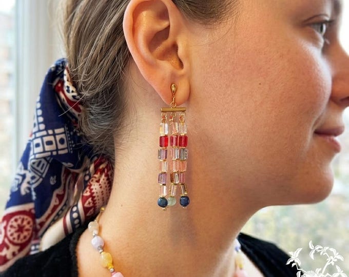 Featured listing image: Blue Glass & Gemstone Drop Earrings – Colorful Handmade Statement Jewelry