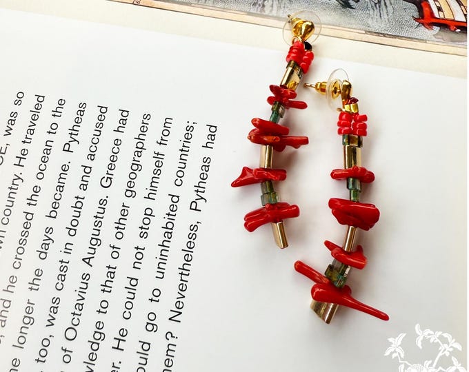 Featured listing image: Red Coral & Gold Glass Tila Long Earrings