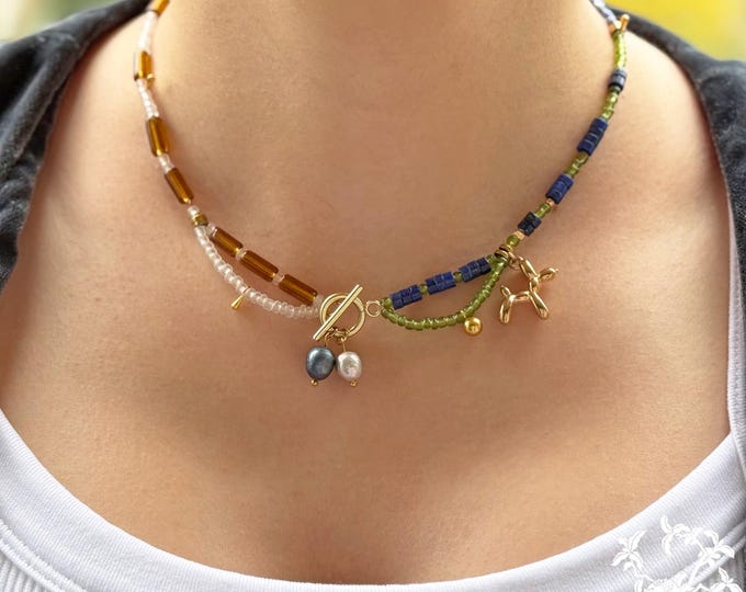 Featured listing image: Freshwater Pearls Necklace with Lapis Lazuli & Balloon Dog Charm – Playful Boho Jewelry