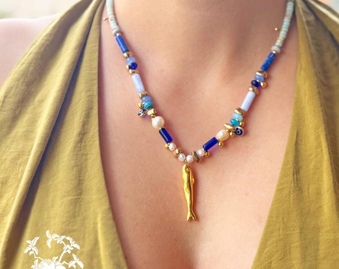 Featured listing image: Freshwater Pearl Necklace: Gold Fish Pendant, Blue Stone Boho Jewelry