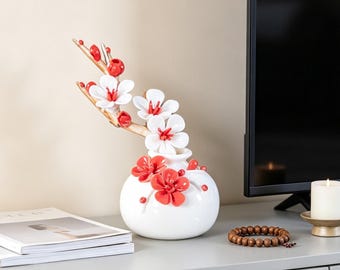 Ceramic Flower Red Plum Blossom Ceramic Vase 3D Porcelain Flower Branch Ornament Unique Housewarming Gift for Her