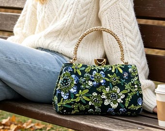 Sparkly Floral Evening Clutch Vintage Style Kiss Lock Sequin Purse Luxury Emerald Beaded Handbag For Wedding Party