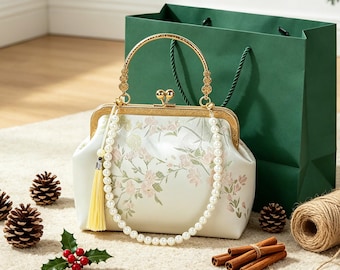 Embroidered Floral Clasp Purse Vintage Kiss Lock Clutch Bag Elegant Wedding Evening Handbag Handmade Gift for Her