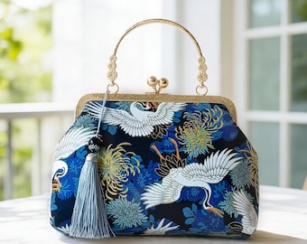 Vintage Floral Kiss Lock Handbag, Retro Fabric Clasp Purse with Chain Strap, Antique Style Top Handle Bag