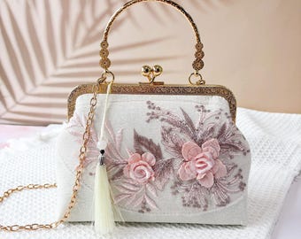 Vintage Embroidered Kiss Lock Crossbody Bag, Retro Pink Clasp Pouch, Perfect Gift For Mom, Wedding Gift, Bridesmaid Gift For Her