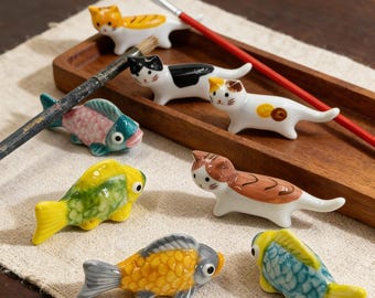 Handmade Ceramic Cat & Fish Brush Rest, Adorable Pen Holder for Desk, Paint Brush Rest for Artists, Cute Office Decor, Teacher Gift