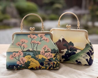 Vintage Ukiyo E Kiss Lock Handbag, Japanese Shell Evening Clutch Purse, Gift For Her