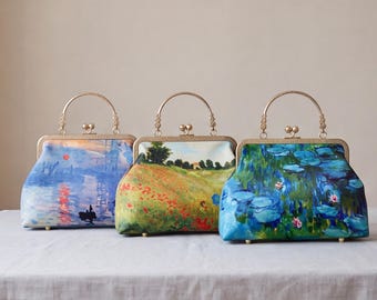 Monet-Kuss-Geldbörse mit Schloss, Tasche im impressionistischen Stil mit Rahmen, Vintage-Handtasche mit Seerosenmotiv, Geschenkidee für Sie