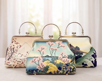 Japanese Art Kiss Lock Purse, Ukiyo E Shell Clutch Bag, Vintage Evening Handbag Gift