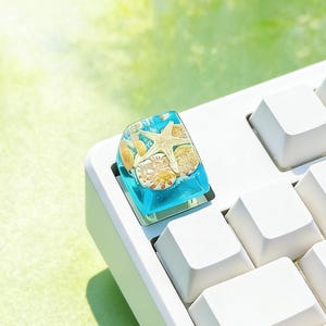 May include: A custom keyboard keycap featuring a miniature ocean scene. The keycap is a translucent blue with embedded seashells and a starfish. The keycap is installed on a white keyboard, with a blurred green background.