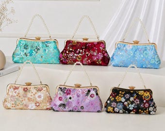 Sequin Floral Evening Clutch Bag with Pearl Handle Vintage Embroidered Handbag for Wedding Bridal Sparkly Party Purse