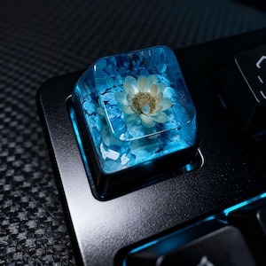 May include: A custom keyboard keycap with a clear resin body, encasing a dried white flower and blue decorative elements. The keycap is set on a black keyboard, with a focus on the unique, artistic design. The keycap is a square shape.