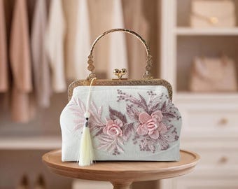 Personalized Retro Pink Embroidery Kisslock Bag, Floral Rose Purse With Shoulder Strap, Perfect Wedding Favors & Valentine's Day Gift