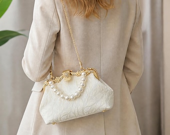 Pearl Handle Bridal Clutch, Vintage Kiss Lock Purse, Jacquard Evening Bag, Floral Wedding Handbag