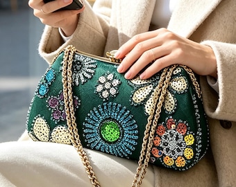 Sparkle Sequin Clutch Purse Green Embroidered Handbag Beaded Evening Bag Vintage Style Prom Party Purse Luxury Gift for Women