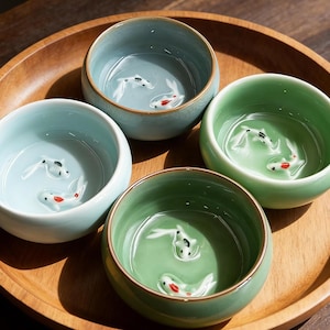 Puede incluir: Cuatro cuencos de cerámica en tonos azules y verdes, cada uno con un diseño de carpa koi en 3D. Los cuencos están colocados sobre una bandeja redonda de madera. Las carpas koi tienen marcas en blanco y negro con detalles rojos.