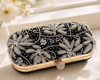 Beaded Evening Clutch Vintage Floral Purse Pearl Kiss Lock Shoulder Bag Gift