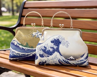 Japanese Wave Kiss Lock Purse, Vintage Frame Handbag, Great Wave Art Crossbody Bag, Unique Gift For Her