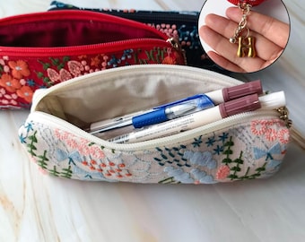 Embroidered Pencil Case - Floral Linen Pouch for School, Office, or Home Decor. A Thoughtful Handmade Graduation Gift