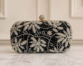 Floral Beaded Clutch Bag Vintage Evening Purse Bridal Pearl Clasp Handbag