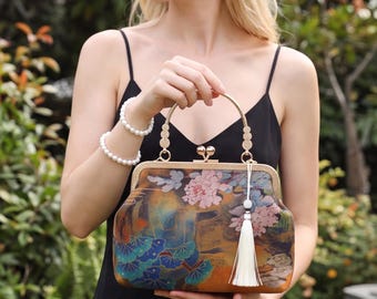 Silk Kiss Lock Purse, Floral Frame Clutch Bag, Pearl Handle Evening Bag, Elegant Wedding Gift For Her