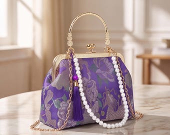 Purple Jacquard Handbag, Floral Frame Clutch Purse, Pearl Strap Evening Bag, Elegant Wedding Guest Gift