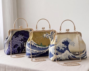Great Wave Kanagawa Kiss Lock Bag, Japanese Ukiyo E Frame Purse, Vintage Crossbody Handbag, Art Lover Gift