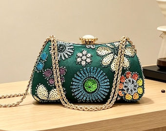 Sequin Evening Bag Floral Beaded Clutch Emerald Green Purse Vintage Style Handbag Wedding Guest Party Clutch Gift for Her