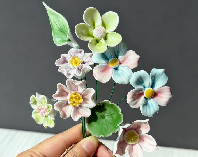 Ceramic Flower, Lotus Flowers/Plum Blossoms/Leaves Ceramic Flower, Ceramic Flower Ornaments, Garden Decor, Home Decor, Desktop Garden