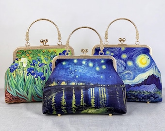 Van Gogh Inspired Frame Purse, Vintage Kiss Lock Handbag, Starry Night Art Clutch, Unique Gift For Her