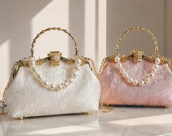 Vintage Pearl Handle Kiss Lock Bag, Jacquard Clutch Purse, Retro Evening Handbag, Elegant Gift