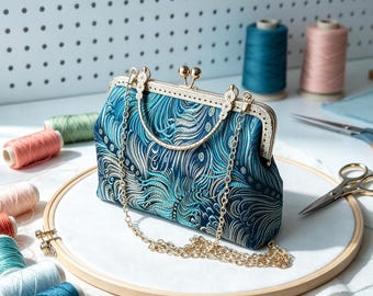 Kiss Lock Clasp Purse with Metal Chain, Floral Fabric Handbag, Vintage Style Top Handle Shoulder Bag