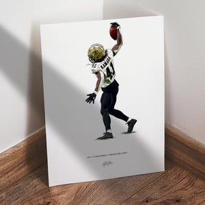 May include: A print featuring a football player in a New Orleans Saints uniform, catching a football. The player wears a gold helmet and the number 41. The print includes the player's name and signature.