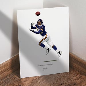 May include: Illustration of a football player in a purple and gold uniform leaping to catch a brown football. The player is wearing a helmet and white pants. The print includes the text "80 // ERIC CARTER // MINNESOTA VIKINGS".
