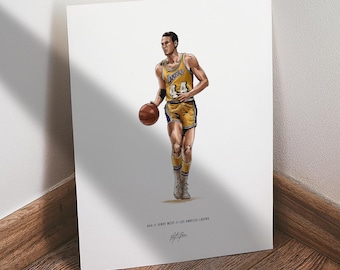 Jerry West Poster, Los Angeles Lakers Basketball Wall Art,  Sports Print for Man Cave Office or Fan Gift