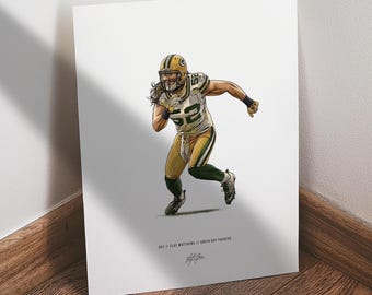 May include: Illustration of a football player in a Green Bay Packers uniform, number 52, in action. The artwork features a yellow and green color scheme, with the player wearing a helmet and pads. The print includes the text "ART // CLAY MATTHEWS // GREEN BAY PACKERS".